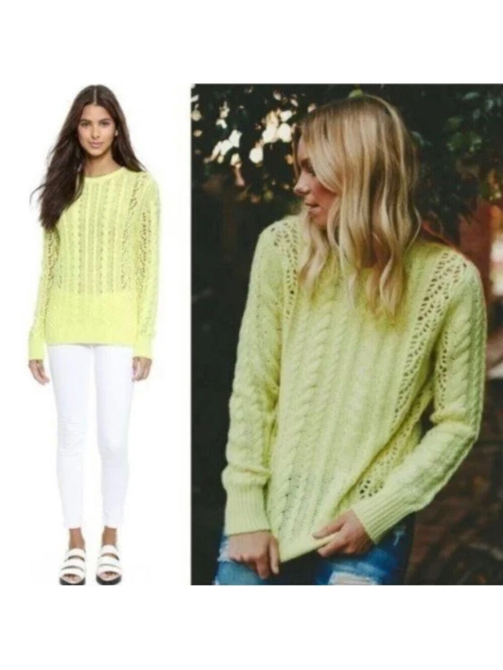 Equipment Femme Cashmere Amber Lemongrass Cableknit Crewneck Sweater